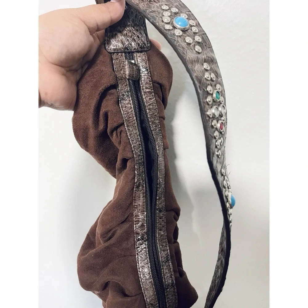 Western Brown Suede Hobo Purse Turquoise Concho Cowgirl Boho Shoulder Bag Y2K‎